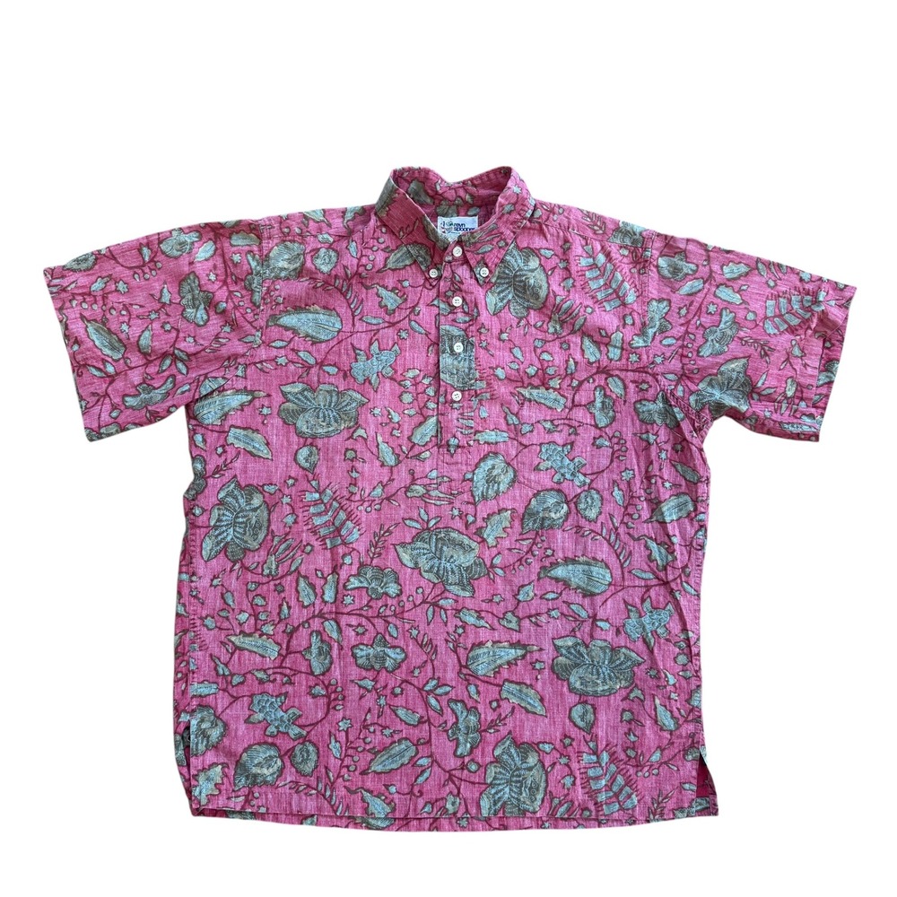 Reyn Spooner Hawaiian Shirt Mens Medium Pink Floral Cotton Pullover Button Down‎